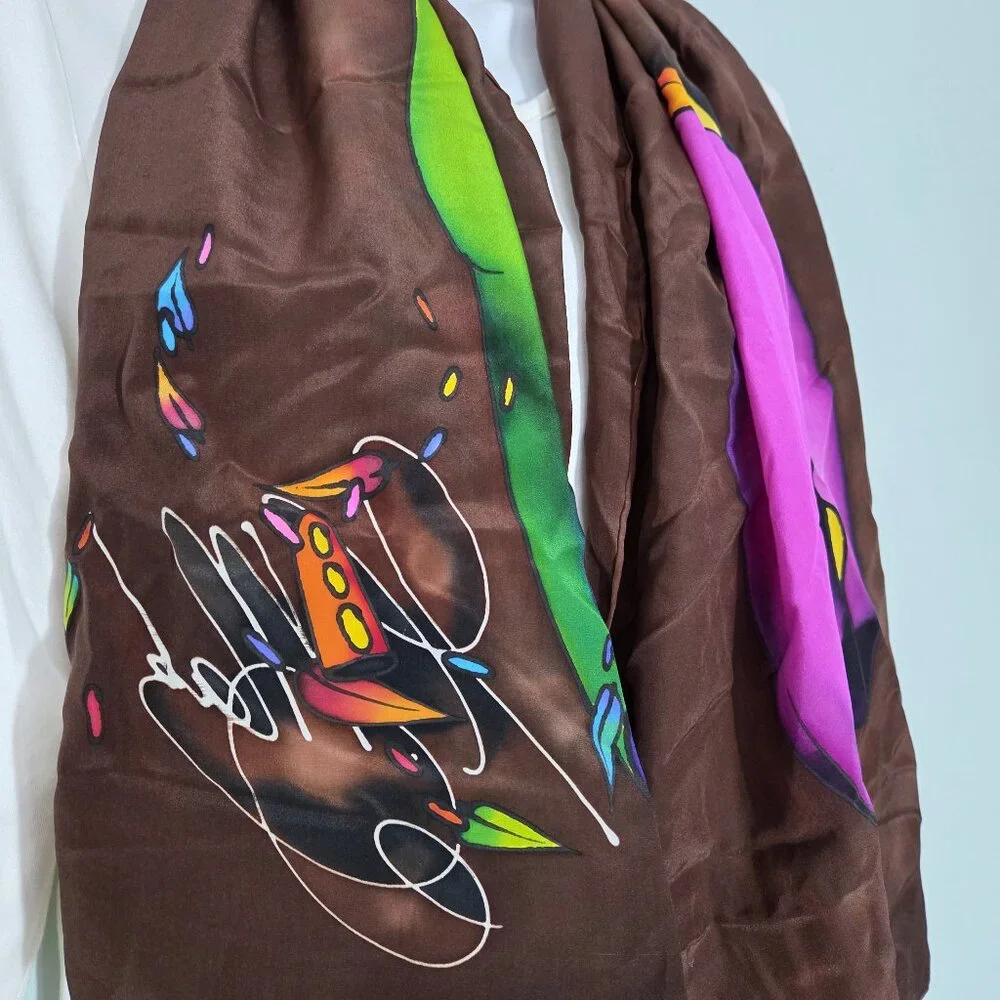 NWOT Henk Mak Signed Hand Painted Silk Satin Tulip Scarf in Brown Green & Purple